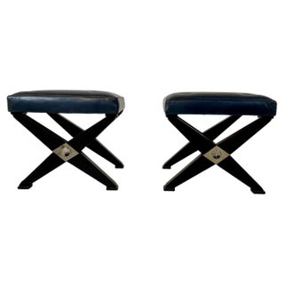 Set of Stools in Black Lacquered Wood and Blue Leather For Sale