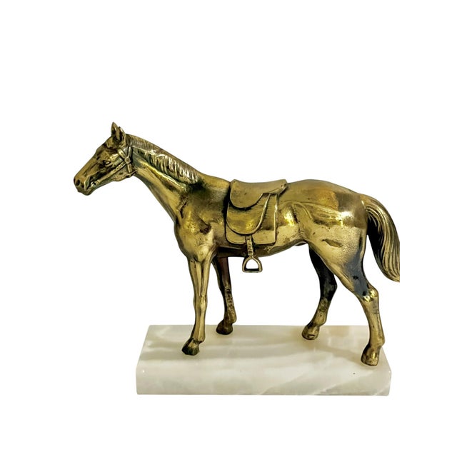 Ralph Lauren Vintage Brass Equestrian Horse Bookends on White Marble Bases – Pair of Western Style Horse Sculptures For Sale - Image 4 of 14