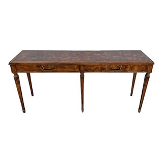 Vintage Wood Console by Hekman with Burlwood, Brass and 2 Drawers For Sale
