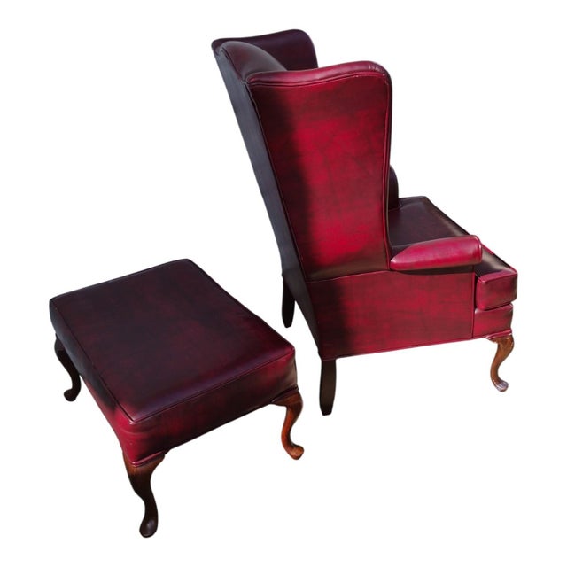 Vintage English Georgian-Style Wingback Oxblood Upholstery Lounge Chair & Matching Ottoman For Sale In Raleigh - Image 6 of 10