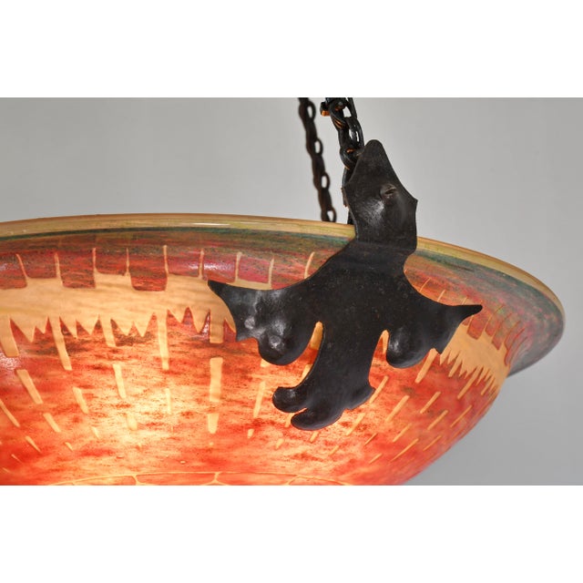 Schneider Le Verre Francais French Art Deco Cameo Pendant Light 1920s - Chicorees Bowl Wrought Iron For Sale - Image 9 of 14