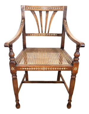 Antique English Anglo - Indian Carved & Inlaid Caned Seat Desk Armchair