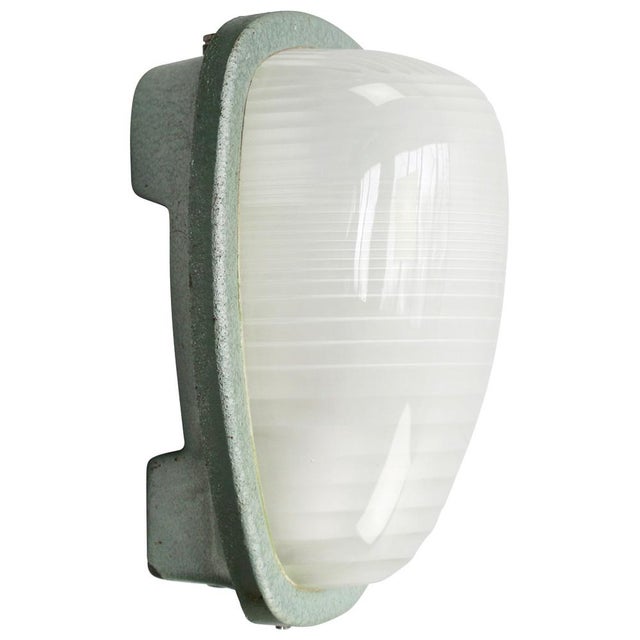 Vintage Industrial French Green Cast Iron & Frosted Cut Glass Wall Light by Holophane, France For Sale - Image 9 of 9