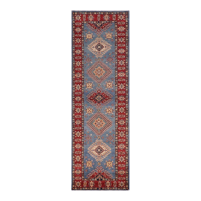 Tribal Super Kazak Light Blue/Red Wool Runner Rug- 2'11'' X 9'8'' For Sale