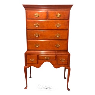 Tiger Maple Queen Anne Highboy, Baker Furniture For Sale