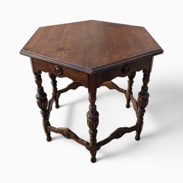 Chestnut Antique Carved Wood Round Dining or Center Table, Restored For Sale - Image 8 of 15
