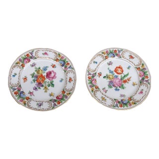 Schumann Bavaria Empress Dresden Flowers White Porcelain Plates 2pc Pair #5139b For Sale