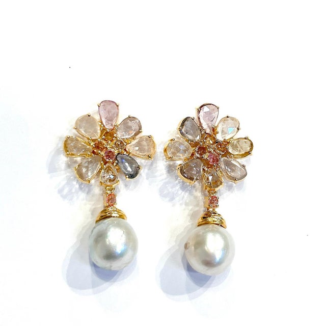 Baroque Bochic "Orient" Vintage Sapphire & White Pearls Earrings Set 18K Gold & Silver For Sale - Image 3 of 18