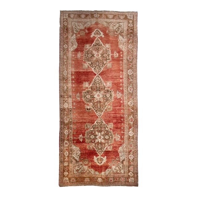 Vintage Circa 1940 Light Brick Turkish Oushak Hand Knotted Wool Runner, 4ft 11in X 12ft 7in For Sale