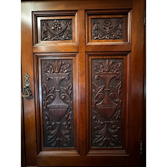 Late 19th Century Victorian Carved Walnut Triple Compactum Wardrobe With Beveled Mirror Doors For Sale - Image 4 of 9