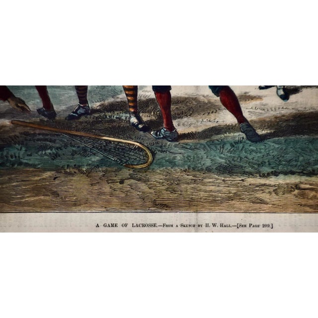 "A Game of Lacrosse": A Hand-colored 19th Century Woodcut Engraving by Hall, 1884 For Sale - Image 9 of 9