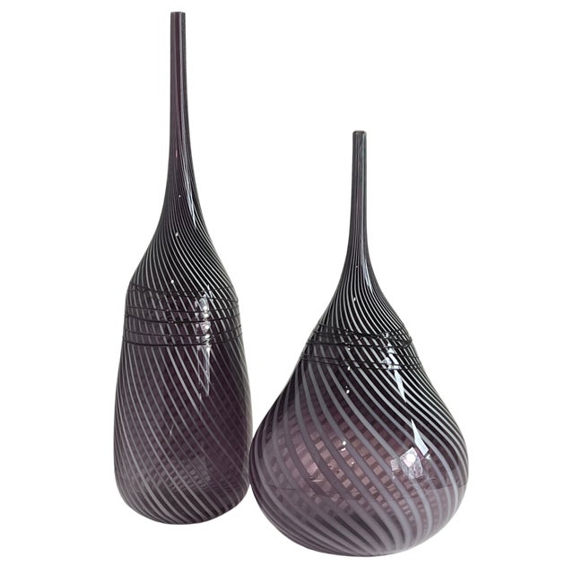 Early 21st Century 24 + In. Murano Style Purple White Applied Black Swirl Bulbous Art Glass Vase Set of 2 For Sale - Image 5 of 14