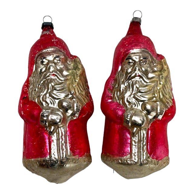 Christmas Pair of Antique German Mercury Glass Santa Claus Ornaments Holding Christmas Trees For Sale