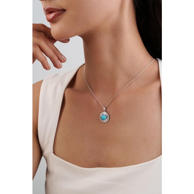 Turquoise Certified 14k White Gold 1.46ct Round Turquoise & Baguette Diamond Halo Pendant For Sale - Image 8 of 16