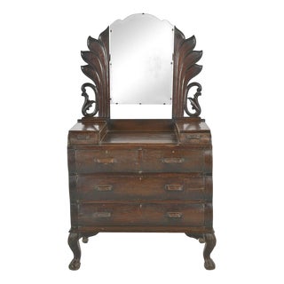 Antique 20th Century Carved Wooden Dressing Table with Mirror For Sale