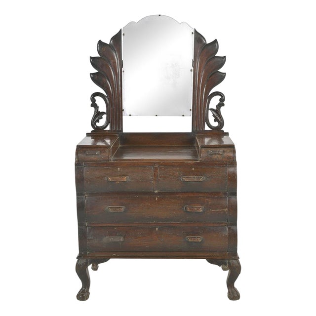 Antique 20th Century Carved Wooden Dressing Table with Mirror For Sale