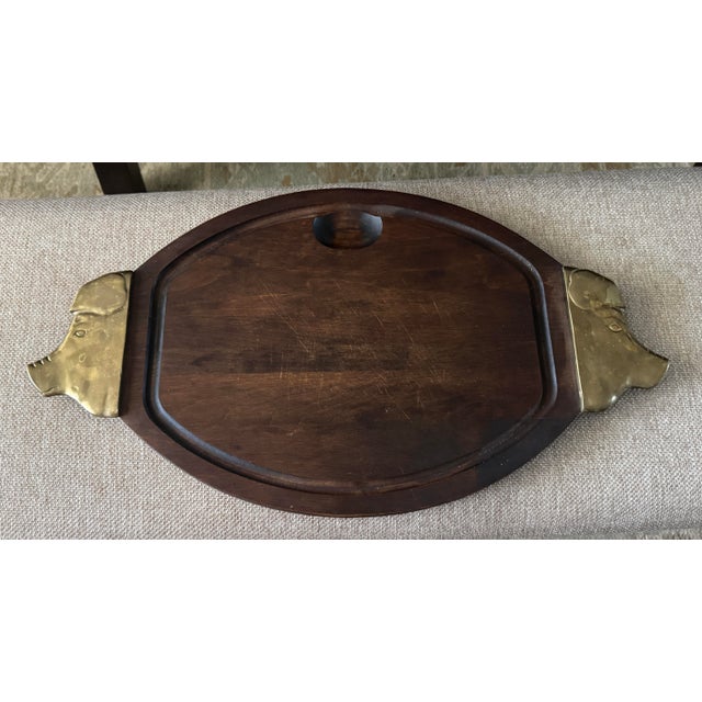 Mid-Century Modern Vintage Mid-Century Walnut Carving Board With Solid Brass Pig Head Handles | Sculptural Charcuterie & Serving Board For Sale - Image 3 of 11
