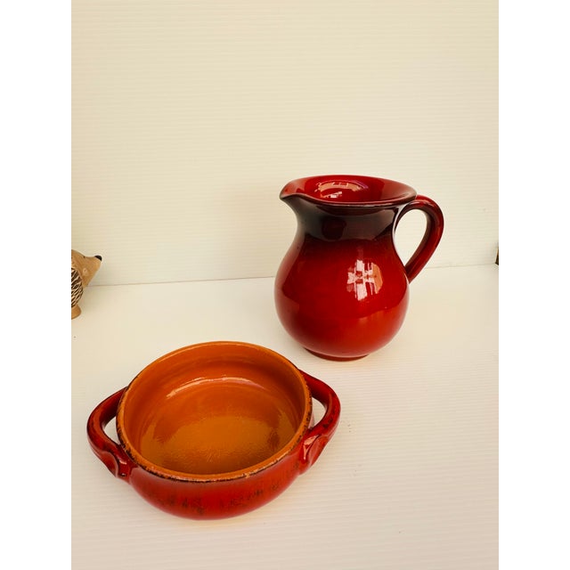 Vintage Italian Red Glazed Pottery Pitcher and Serving Bowl For Sale - Image 10 of 12