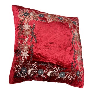 Velvet Wine Iridescent Beaded & Embroidered Floral Pillow For Sale