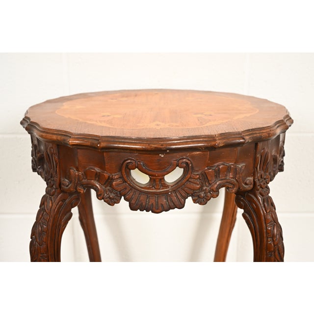 Romweber Style French Provincial Louis XV Carved Walnut and Satinwood Inlaid Marquetry Side Table, Circa 1930s For Sale - Image 9 of 14