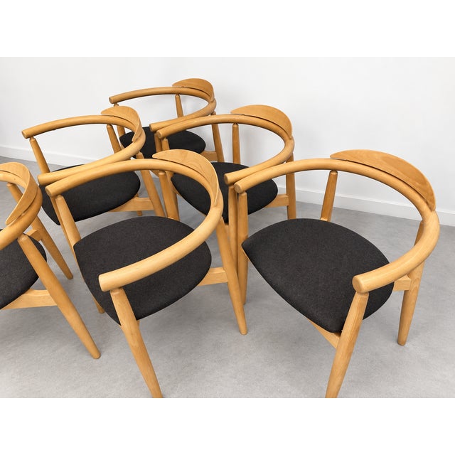A beautiful set of six Danish Model 526 armchairs, designed by Karen Kjærgaard and Hans Thyge Raunkjær and manufactured by...