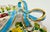 Ceramic Vintage Italian Majolica Style Floral Double Leaf Serving Dish With Blue Bow and Gold Gilt For Sale - Image 7 of 12