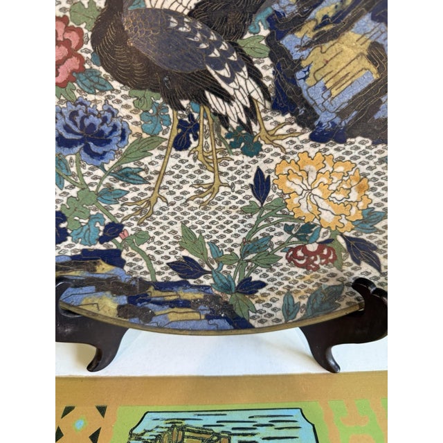 Large Meiji Japanese Cloisonne Enamel Charger Cranes Peonies Butterfly Floral For Sale - Image 10 of 12