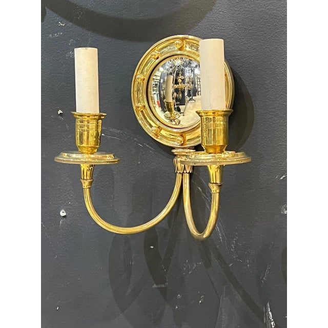 1920 bronze double light sconces federal style with convex mirror inset