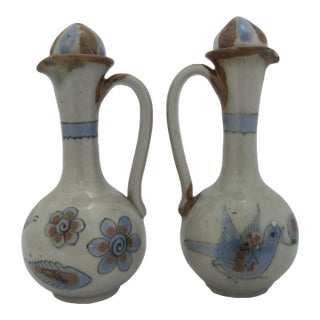 Ken Edwards El Palomar Blue Bird Mexican Tonala Folk Art Oil & Vinegar Cruets For Sale