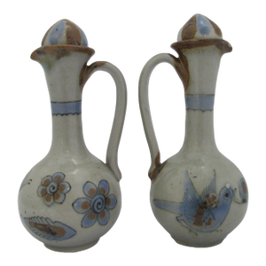 Ken Edwards El Palomar Blue Bird Mexican Tonala Folk Art Oil & Vinegar Cruets