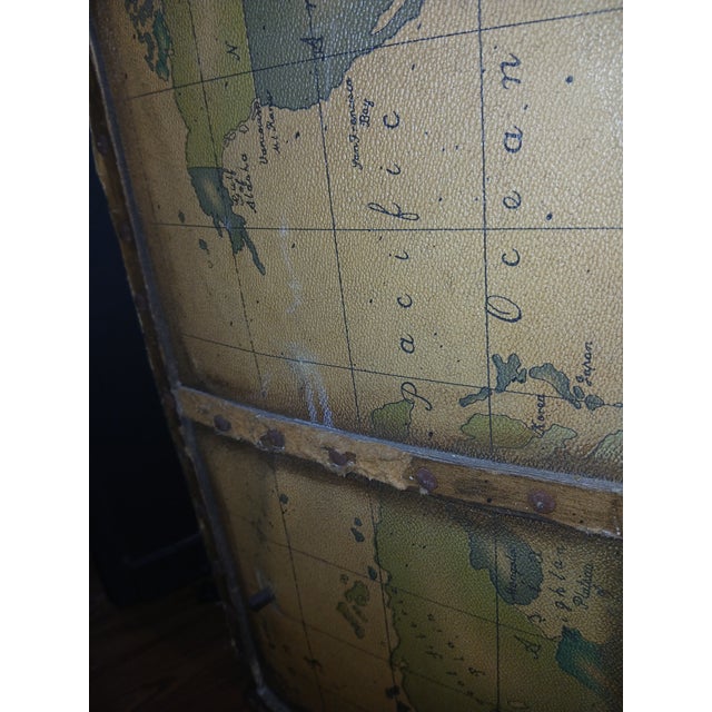 Tan 1950s Vintage Brass Marble Wood and Leather World Map Large Half Circle Dry Bar For Sale - Image 8 of 18