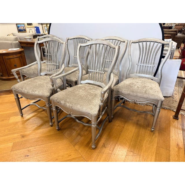 Transitional Set of 6 Habersham Silver Painted Wheat-Back Dining Chairs For Sale - Image 3 of 12