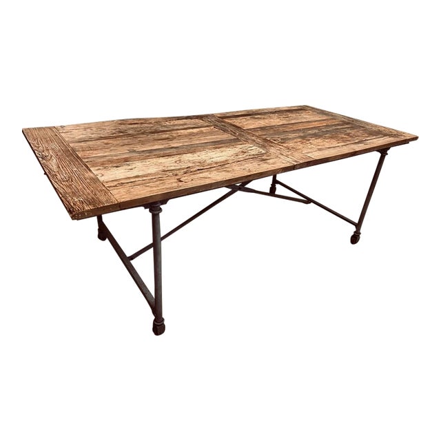 Cast Iron and Solid Reclaimed 84” Wood Dining Table Restoration Hardware For Sale