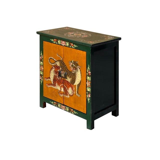 Tibetan Style Green Orange Two Tigers End Table Nightstand For Sale In San Francisco - Image 6 of 12