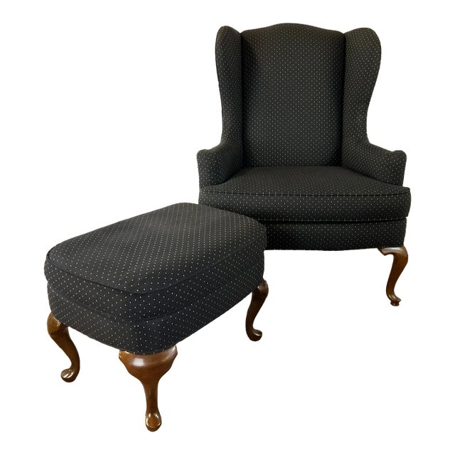 Vintage Traditional Queen Anne Drexel Wing Chair and Ottoman - 2 Piece Set For Sale