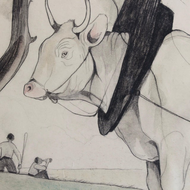 Germaine Hageman, Idyllic Landscape with Ox and Figures, 1940s, Pencil and Gouache on Paper, Framed For Sale - Image 10 of 17