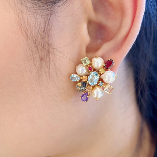 Art Nouveau Bochic "Orient" Vintage Retro Multi Gem Burst Earrings Set 18K Gold & Silver For Sale - Image 3 of 18