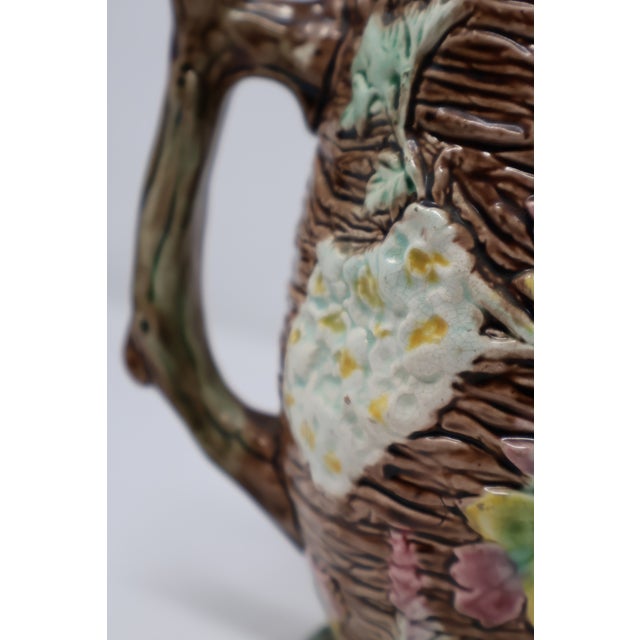 Majolica Antique English Majolica Rustic Floral Tree Bark Pitcher, Attributed to Shorter & Boulton For Sale - Image 4 of 18