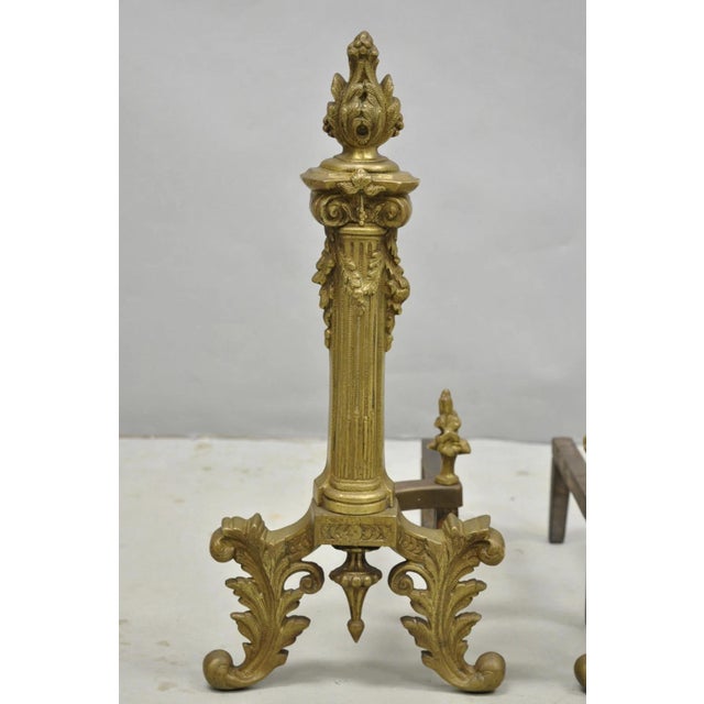 Traditional Antique French Empire Style Bronze Corinthian Column Fireplace Andirons - A Pair For Sale - Image 3 of 14