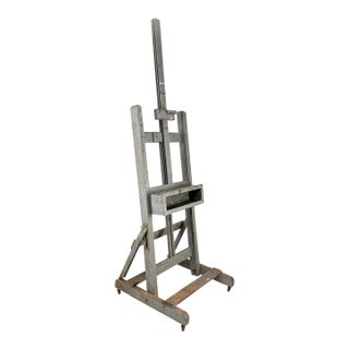 Antique 1910s Studio Easel e.h. A.c. Friedrichs & Co. Professional Artist Adjustable Gray Painted Wood Industrial Art Display For Sale