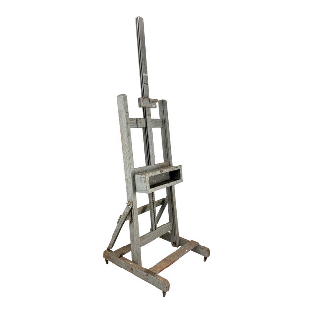 Antique 1910s Studio Easel e.h. A.c. Friedrichs & Co. Professional Artist Adjustable Gray Painted Wood Industrial Art Display For Sale