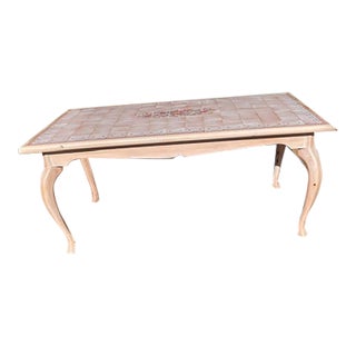 1980s Shabby Chic Wooden Spanish / Italian Style Tile Top Dining Table Pink Trim W/ Floral Center For Sale