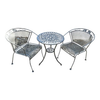 Mid 20th Century Wrought Iron Bistro Table & 2 Chairs For Sale