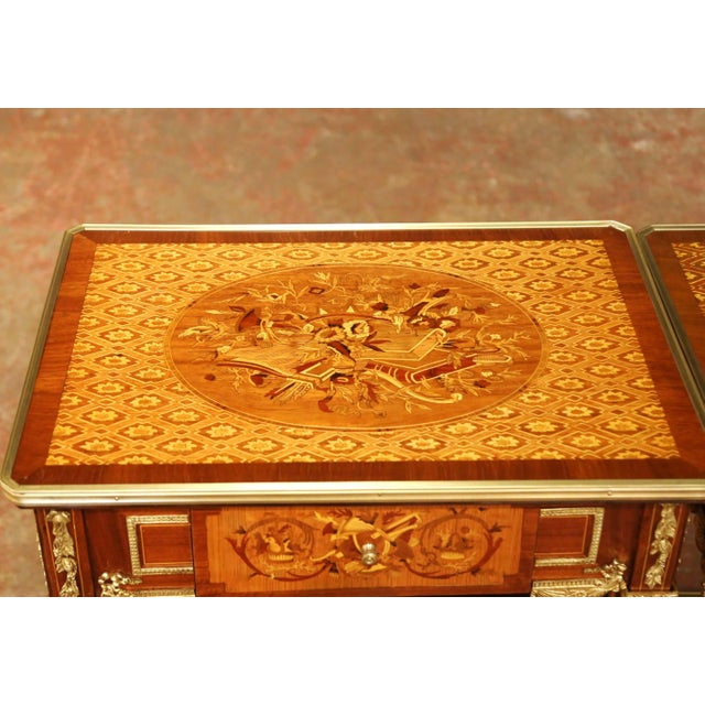 Near Pair of Mid-Century French Louis XVI Ormolu Marquetry Side Tables For Sale - Image 4 of 17