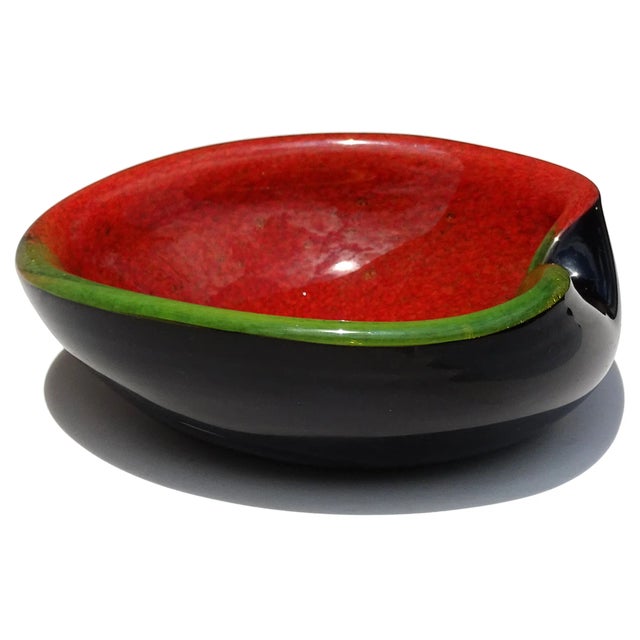 Murano Vintage Murano Half Red Green Gold Flecks on Black Italian Art Glass Heart Shape Decorative Bowl For Sale - Image 4 of 10