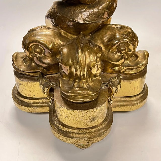 Pair Neoclassical Style Dolphin Form Gilt Bronze Chenets, distinguished by their monumental scale and casting.