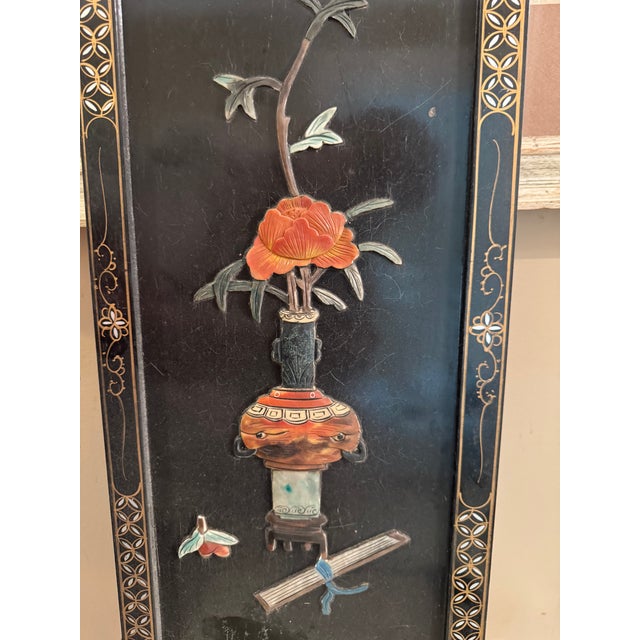 Vintage Chinese Black Lacquer Wall Panels – Set of 3 (24" X 10")Featuring Hand-Carved Jade & Soapstone Inlay For Sale - Image 11 of 11