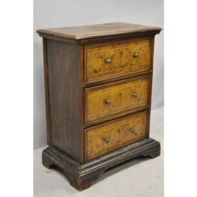 Antique 19th Century Italian Marquetry Inlay Walnut 3 Drawer Commode Chest Nightstand. Item features remarkable aged...
