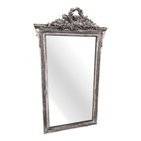 Large 19th Century Antique French Carved Wood and Gesso Silvered Mirror For Sale