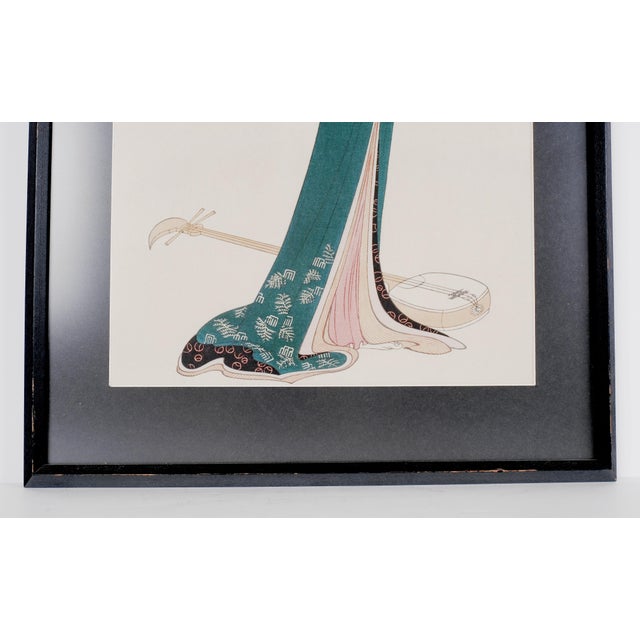 1940s 1940s Geisha With Shamisen 3-Stringed Instrument Framed & Matted Lithograph Excellent Condition Print and Matte in a Very Good Frame For Sale - Image 5 of 6